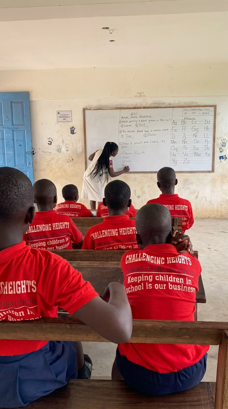 Rescued children in red Challenging Heights shirts learning in a classroom