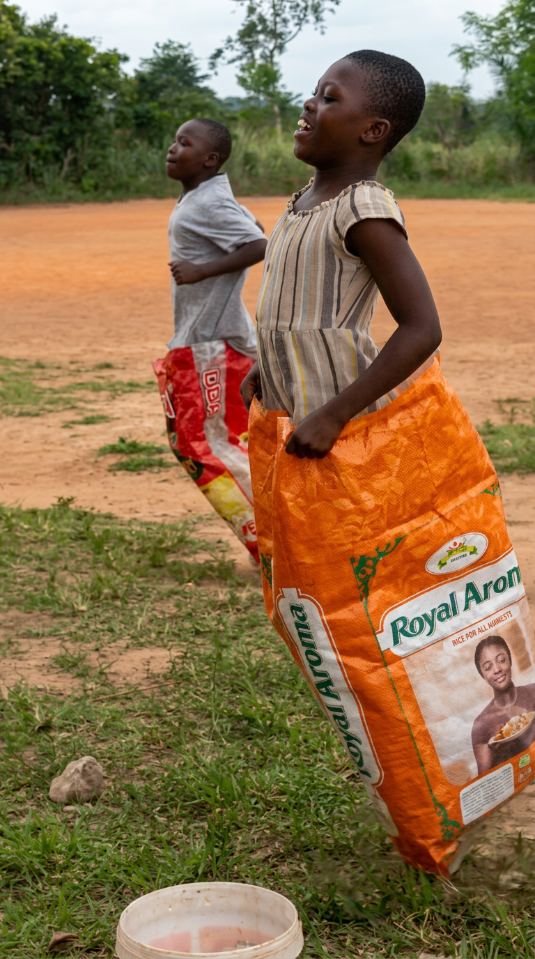 Children laughing during a sack race