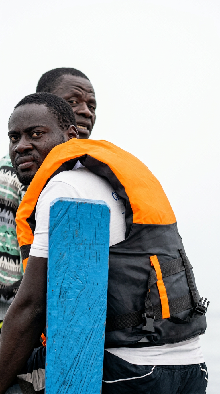Stephen in an orange life jacket on a canoe at dawn
